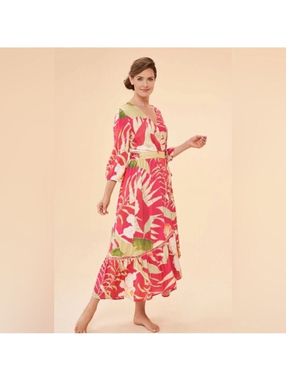 Powder Limited Edition Delicate Tropical Hawaiian Wrap Maxi Dress NWT Vacation
